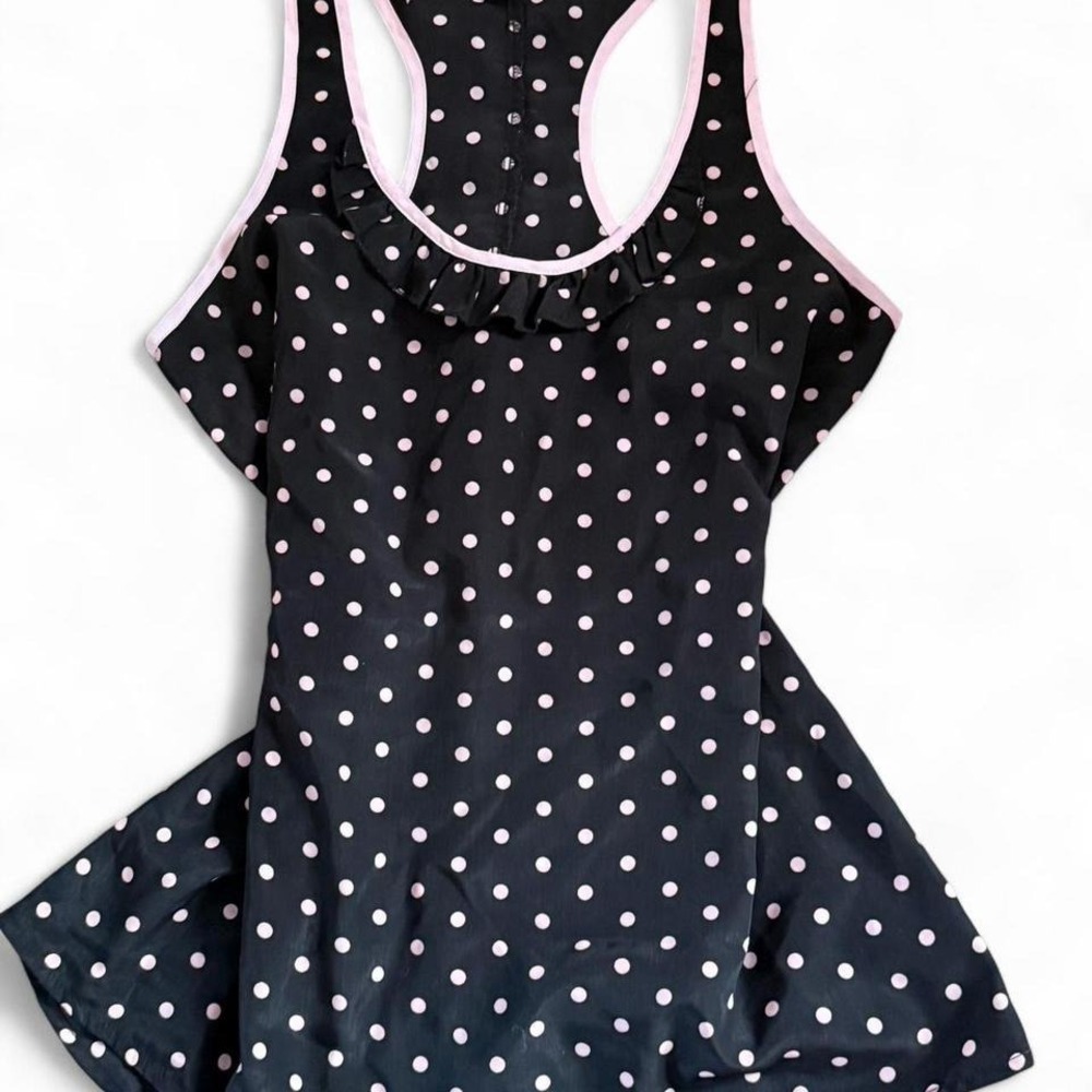 Candies Black and pink‎ polka dot tank top with ruffle detail